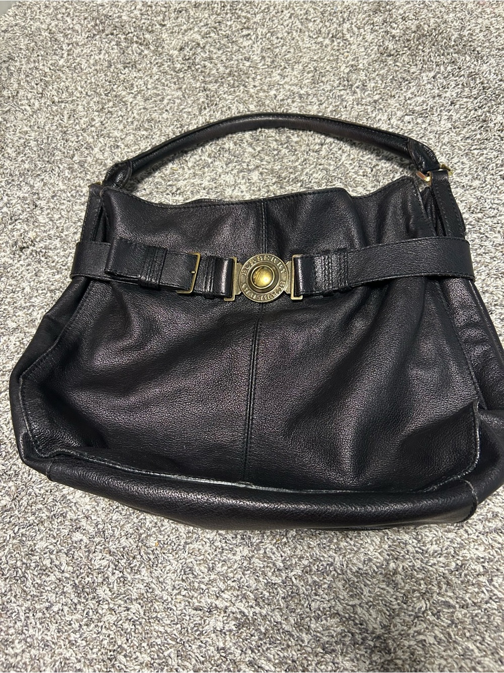 Burberry Black Leather Shoulder Hobo with Gold Medallion